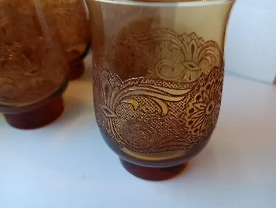 Buy Vintage Amber Libbey Americana Lace Embossed Glass Pedestal Tumblers Set Of 6 • 30.31£