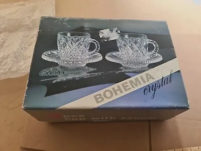 Buy Set Of 2 Cup And Saucers Elegant Bohemia 24% Lead Crystal Czechoslovakia Boxed • 28.95£