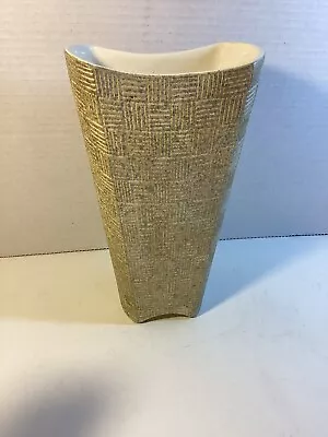 Buy Vintage MCM Shawnee Art Pottery 1408 Basket Weave Vase Gold Accents • 12.64£