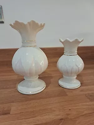Buy Pair Of Vintage Belleek Lotus Blossom Vases, Tallest One 8 Inches High Gold Mark • 19.50£