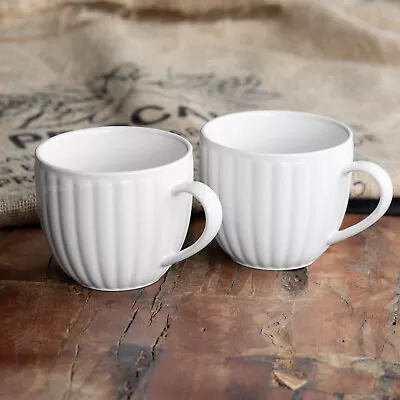 Buy Set Of 2 Large Coffee Mugs White 420ml Ribbed Stoneware Modern Latte Tea Cups • 14.80£