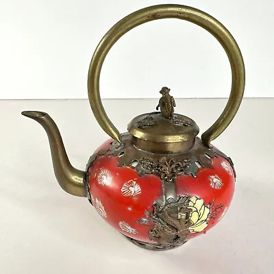 Buy Rare Antique Red Tibetan Porcelain And Brass Miniature Teapot • 33.77£