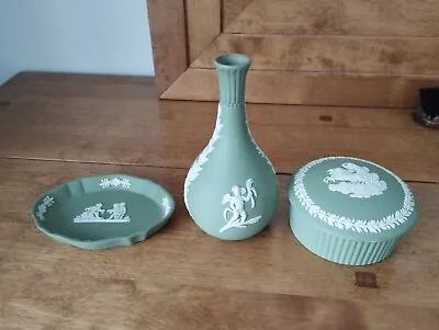 Buy 3 Wedgewood Jasperware Sage Green Items: Small Vase,  Trinket Dish And Round Box • 11£
