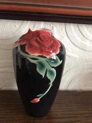Buy Rare And Beautiful Franz Porcelain Black With Red Rose Flower Vase Li Fang 16cm • 21£