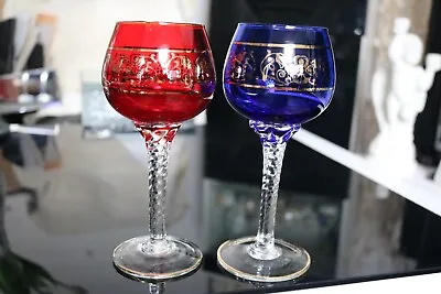 Buy 2 XVintage Bohemian Cobalt Blue & Ruby Red Gilded Twisted Stem Hock Wine Glasses • 16£