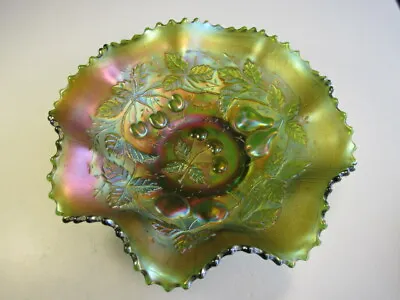 Buy Antique Northwood Green Three Fruits Carnival Glass Bowl • 42.69£