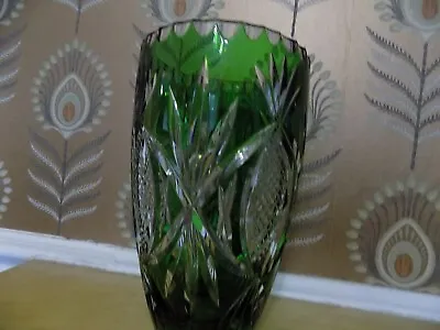 Buy Vintage Royal Brierley Green Cut To Clear Glass Heavy Vase • 100£