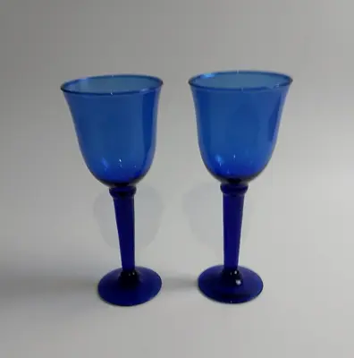 Buy VTG COBALT BLUE GLASSES SET OF 2 STEM FOOTED 7in WINE GLASS RETRO 8oz GLASSWARE • 28.44£