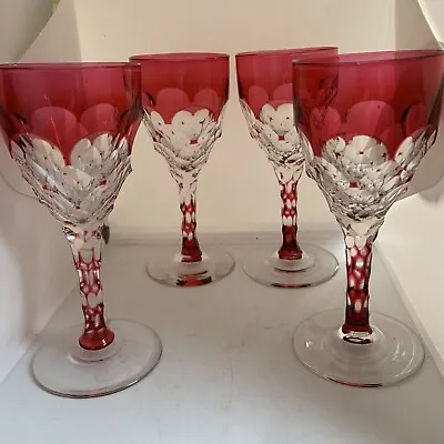 Buy Set 4 Victorian Cut Cranberry Overlay Wine Glasses Or Goblets • 95£