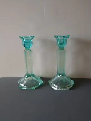 Buy Pair Of Vintage Ice Blue Glass Candlesticks Hexagonal Base Dressing Table 8  • 12£