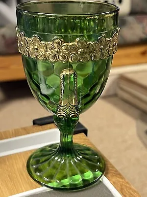 Buy EAPG Green Vermont Goblet US Glass / Honeycomb With Flower Rim • 24£