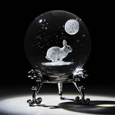 Buy 60mm 3D Glass Laser Rabbit Figurine Crystal Ball With Stand Glass Paperweight • 14.99£