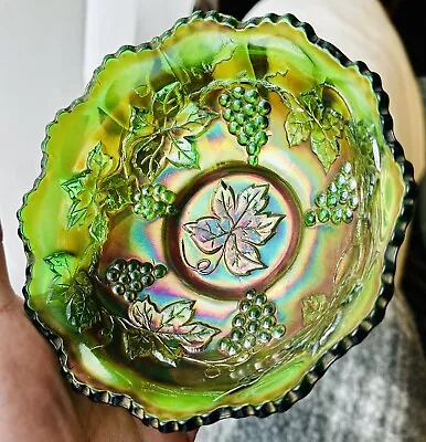 Buy Vintage Dugan Glass Green Amethyst Grape Pattern Bowl • 29.99£