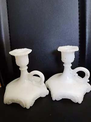 Buy Victorian Milk Glass  Candle Holders With Finger Loop Handle 4 1/4 H Set 2 VTG • 33.25£