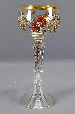 Buy German Bohemian Enameled Chrysanthemum & Gilt Cut Roemer Hock Wine Glass C.1880s • 197.65£