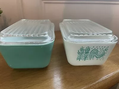 Buy Pyrex Solid Turquoise & Amish Butterprint Refrigerator Dishes W Lids 1.5 Pint • 71.11£