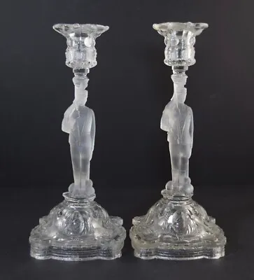 Buy Rare Antique Portieux French Soldier Frosted Pressed Glass Candlesticks-military • 185£