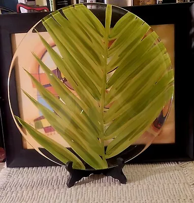 Buy PALM FROND LEAF Jungle Green Fused Glass Round Large Serving Platter 14.5 Inches • 28.91£