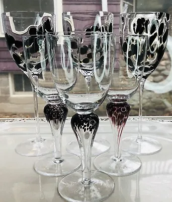 Buy 6 Art Studio Water Wine Black Amethyst Speckled Stem Glass Hand Blown MCM Spots • 56.69£