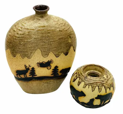 Buy Western Stoneware Vase And Candle Holder Brown And Tan With Embossed Details • 24.05£