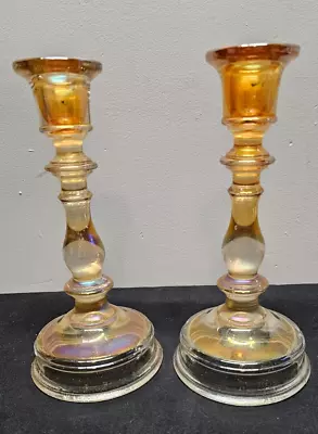 Buy PAIR OF ANTIQUE 1920's IMPERIAL GLASS MARIGOLD CARNIVAL CANDLESTICKS 8.5” • 33.01£