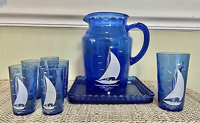 Buy Vintage Hazel Atlas Cobalt Blue Sailboat Pitcher, Tray And 6 Juice Glasses • 38.42£