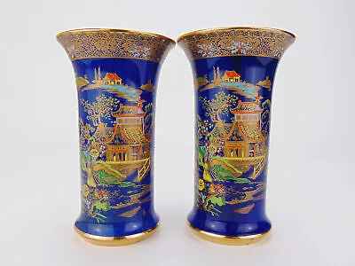 Buy 16cm Antique Carlton Ware Vase Pair Blue Mikado W&R C1920 • 94.99£