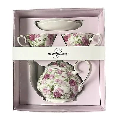 Buy Grace's Teaware Pink Roses Teapot & 2 Cups With Saucers Boxed Gift Set Floral • 40.35£