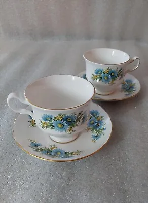 Buy Vintage Queen Anne Fine Bone China Blue Flower Daisy Teacup Cup Saucer Pair Set • 9.99£
