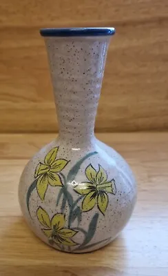 Buy Purbeck Pottery Bulbous Base Bud Vase With Daffodil And Green Leaves On Front. • 12£
