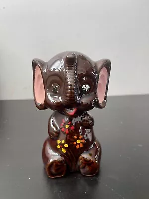 Buy VINTAGE Pottery Elephant Figure Brown Glaze Hand Painted Flowers No Stopper • 9.99£