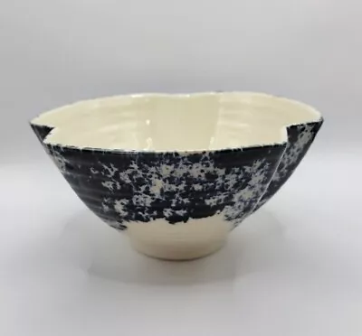 Buy Vintage Navy Blue & White Spongeware Indented Scallop Edge Ceramic Pottery Bowl • 37.73£