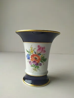 Buy Meissen German Cobalt Blue Hand Painted Flowers 9.5cm High Trumpet Vase. • 20£
