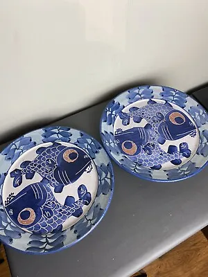 Buy LOST MOUNTAIN POTTERY USA Art Studio Pottery Blue Fishes Serving Bowl 28cm Lot 2 • 70£