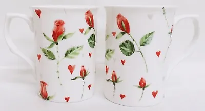 Buy Hearts & Red Roses Mugs Set 2 Fine Bone China Castle Floral Cups Decorated UK • 15.60£