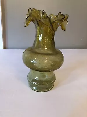 Buy Vintage Vase Golden Olive Glass, Ruffle Top Crackle Look • 23.63£