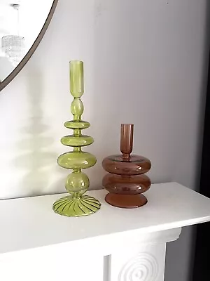 Buy Set Of 2 Glass Candle Holders, Green & Brown, NEW In Box • 26.99£