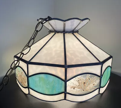 Buy Vintage Stained Glass Hanging Pendant Light White Turquoise And Clear Wheat Pane • 118.40£