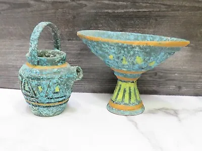 Buy 2 Vtg Mid Century Modern Italian Blue Pottery Venetian Stem Vase Bowl & Pitcher • 63.51£
