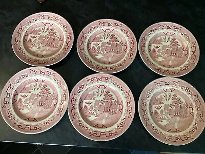 Buy 6 Pretty Vintage W R Midwinter  Old Willow Pattern Pink White Dinner Plates 10” • 12.50£