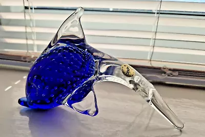 Buy Mtarfa Maltese Clear And Blue Glass Dolphin Paperweight Ornament Signed • 16£