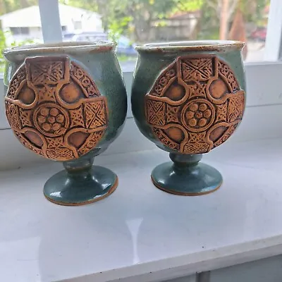 Buy Lot Of 2 VTG Pottery Celtic Cross Goblet Green Small Chalice Cup • 33.19£
