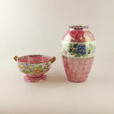 Buy Maling - Pair Of Pink Peony Rose Twin Handle Bowls & Vase • 55£
