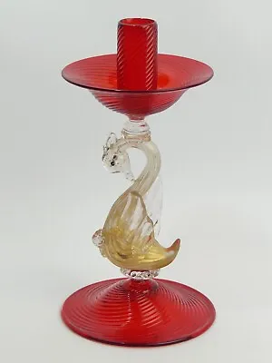 Buy Vintage Murano Ruby & Aventurine Glass Swan Design Candlestick - 1960's • 125£