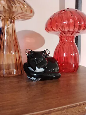 Buy Langham Glass Sleeping Cat Paperweight Ornament Black/White Decorative England • 19.99£