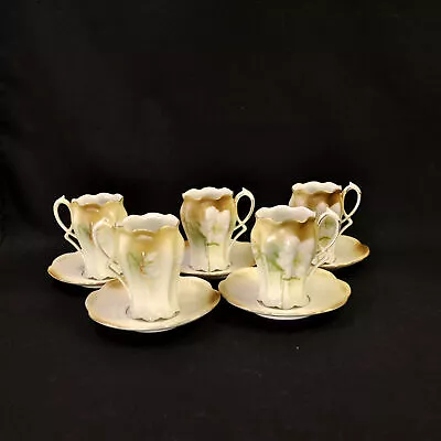 Buy Chocolate Cups Saucers RS Germany Set 5 Hand Painted White Azalea Gold 1910-1945 • 265.14£