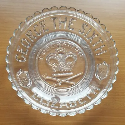 Buy Vintage 1937 King George VI Pressed Clear Glass Etched Coronation Plate. • 9.99£