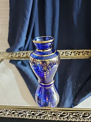 Buy Italian Blue Venetian Blown Art Glass Gold Filigree Vase 4.5 Inches Tall.  Nice • 31.37£