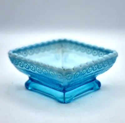 Buy Davidson Blue Glass Pearline Glass Trinket Dish Square Daisy And Greek Keys • 42£