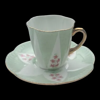 Buy Rare Shelley Demitasse Cup N Saucer Green Dainty Floral Pink Set 1953 Hairline • 22£